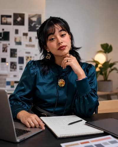 Portrait of Valentina at her desk, with a sketchbook and a wall of references behind her