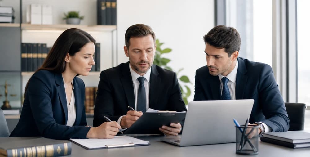 Three people in suits reading a printed document at a table, beside an open laptop